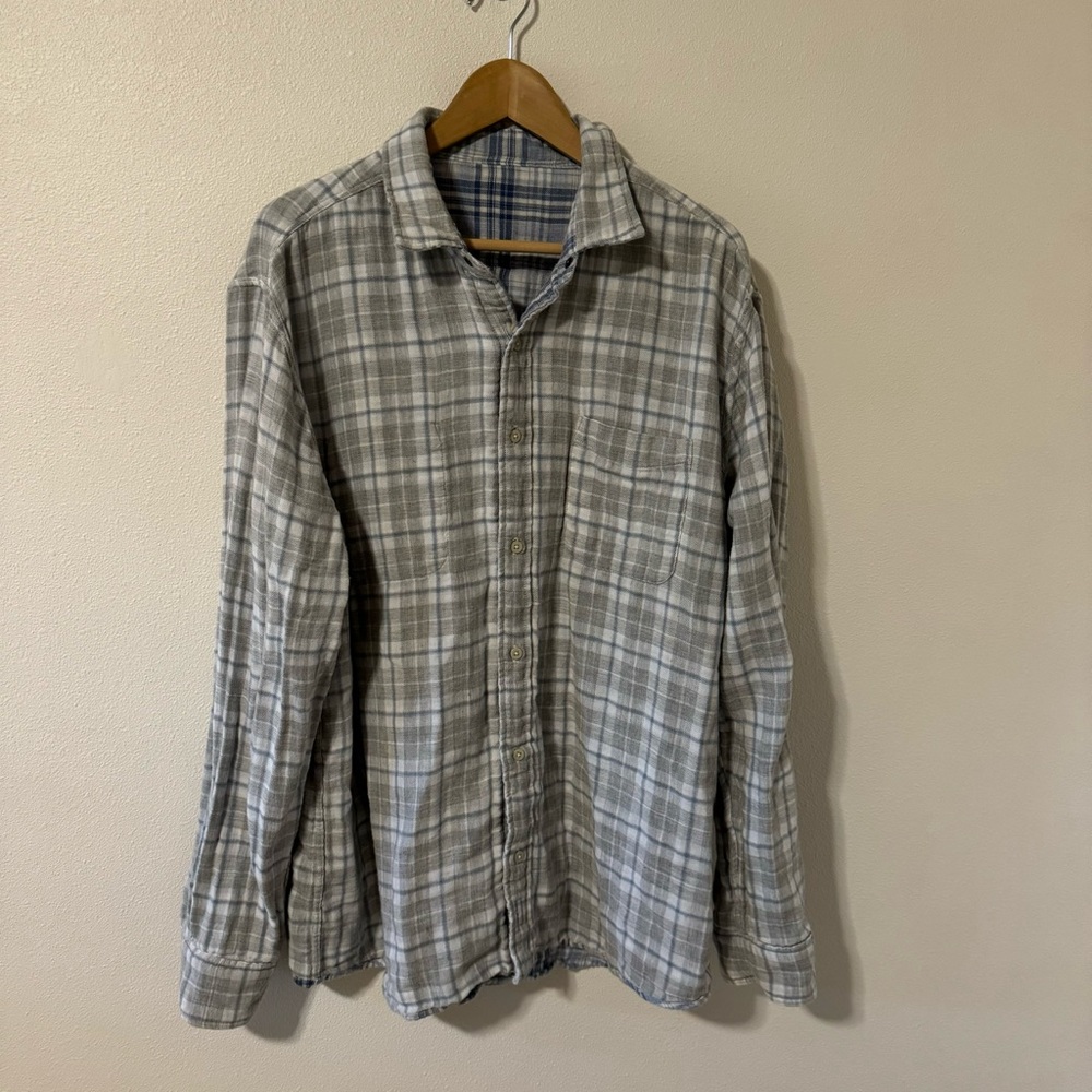 Faherty Reversible Long Sleeve Work Shirt Gray Blue Plaid Organic Cotton-XXL